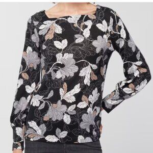 NWT Chico's Knit Top Luxe Foliage Print Square Neck Black Grey Medium